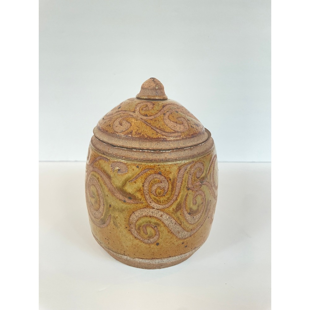 Studio Pottery Lidded Jar Signed Handcrafted Stoneware Sgraffito Swirl PNW